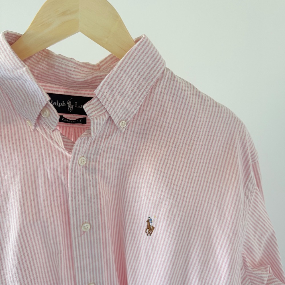 Ralph Lauren Shirt Oxford Stripe Classic Fit Pony Preppy Pink Button Down Mens L